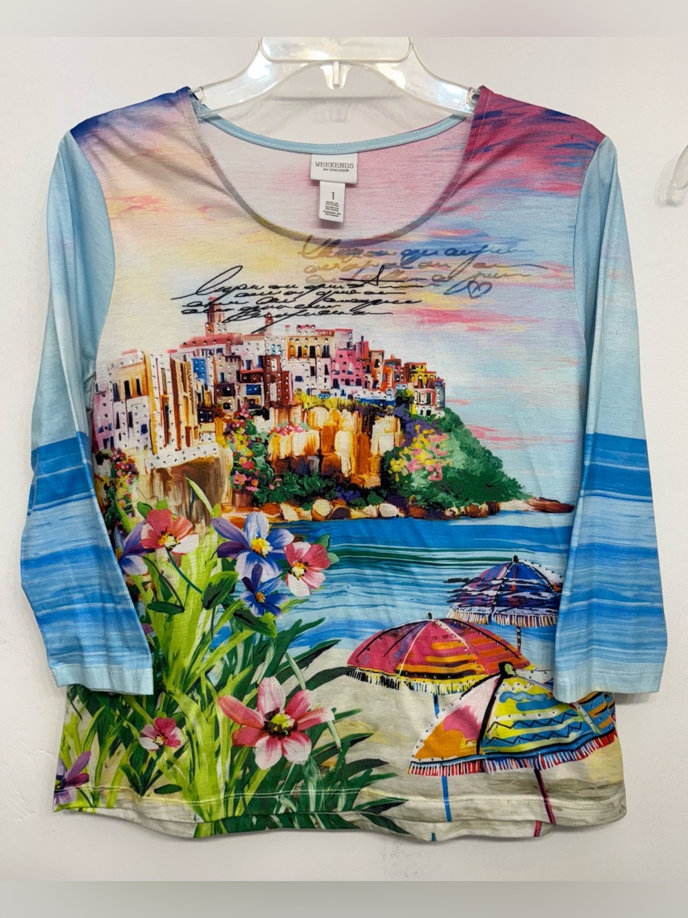 Weekends By Chico’s Colorful Coastal Scene Print Half Sleeve Top Size 1 (US 8)
